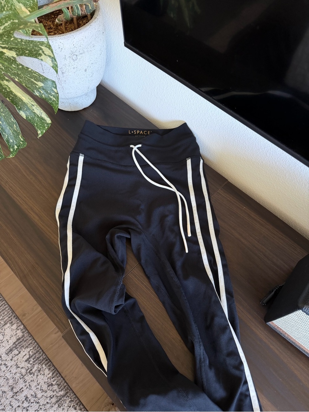 l*space Black Leggings with White Side Stripes